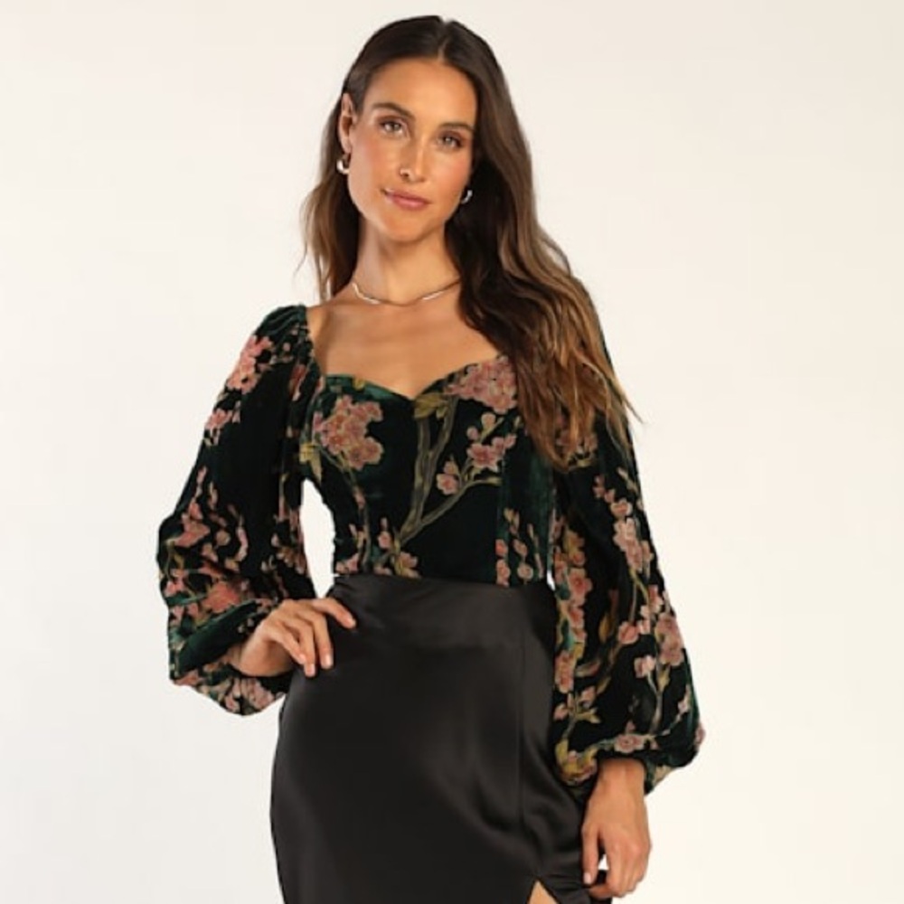 Luxe Romance Emerald Velvet Floral Burnout Long Sleeve Bodysuit Size Small